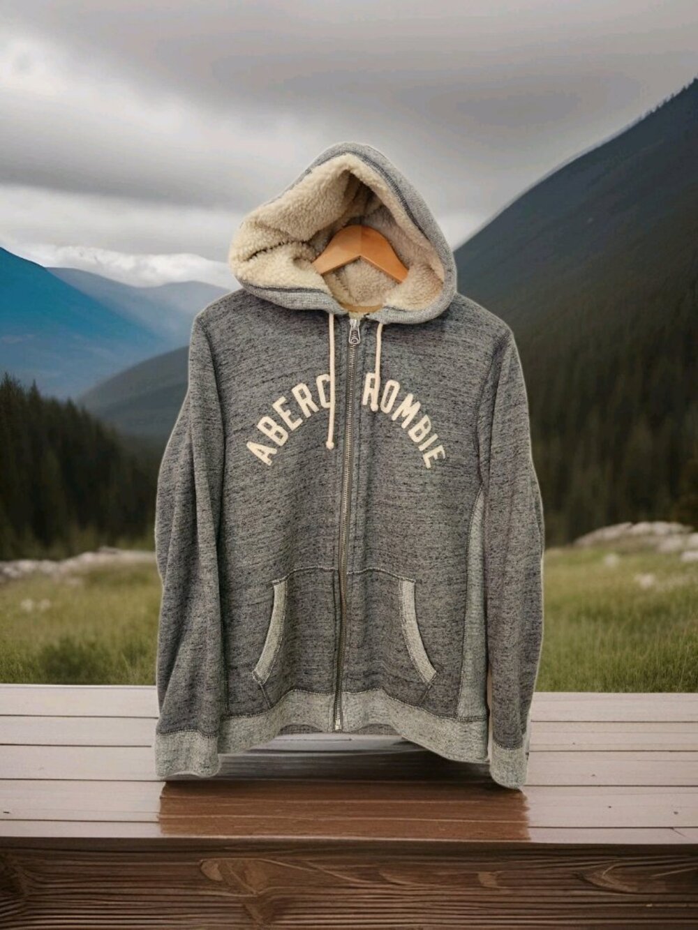 Abercrombie Fitch Hoodie Sweater Heavy Weight Full Zip M Gray Sherpa Lined Y2K